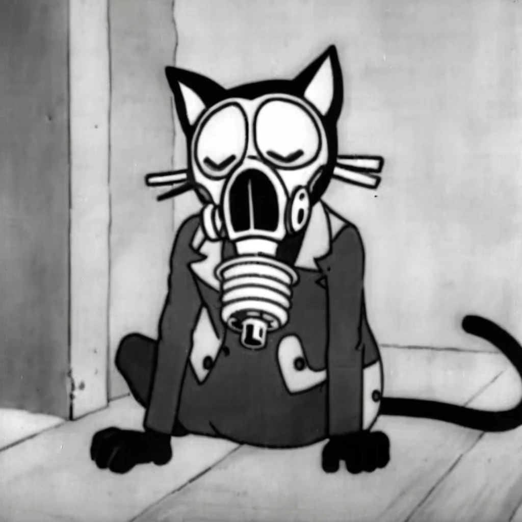 1930s animation, alone, whole body, Cat Character, gas mask, Facing forward, Bad Smile, Sleeping gas bottle
