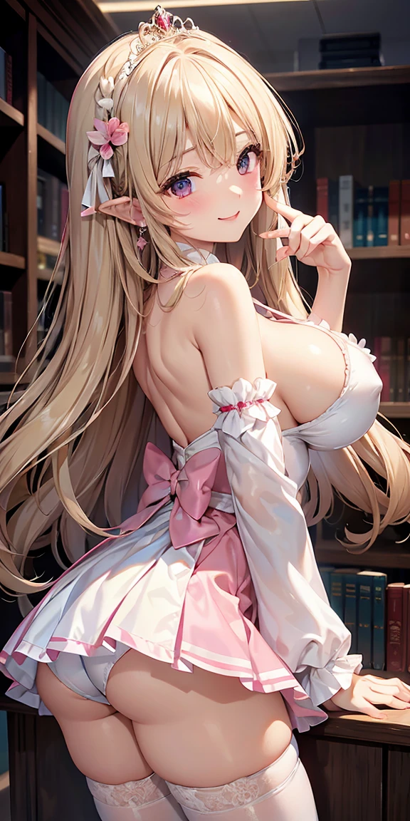 Adult female, Long dark blonde wavy hair、White and pink dress, Puffy nipples、(Long Flared Skirt)、Garter Stockings、Beautiful tiara、Earringedium Milk, Cute Smile、((Touch with both hands))、(Pose to lean forward and emphasize the chest)、(looked back)、Sexy Hips、High heels、Library desk、Sexy pose、A big smile while looking at the camera
