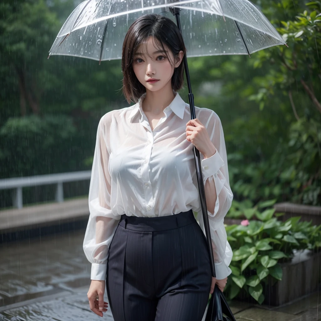 The umbrella is not in the picture.、No umbrella、No umbrella、Beautiful woman getting wet in the rain、A beautiful woman without an umbrella、typhoon、No umbrellaで水に濡れる、Beautiful woman in the rain、雨で濡れたBeautyOL、Detailed face、Realistic、beautiful girl、Beauty、Office Lady Uniform、beauty、Beautiful woman、Narrow waist、Handsome woman、Tight pants look、suit、Sexy pose、タイトなsuitパンツ、雨で濡れたsuit、Wet shirt、See-through shirt、Shot in heavy rain、See-through underwear