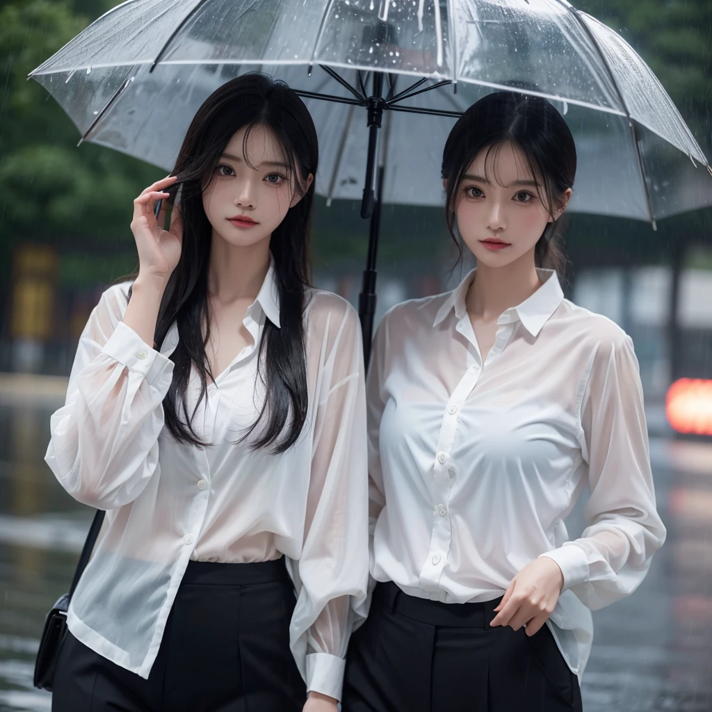 The umbrella is not in the picture.、No umbrella、No umbrella、Beautiful woman getting wet in the rain、A beautiful woman without an umbrella、typhoon、No umbrellaで水に濡れる、Beautiful woman in the rain、雨で濡れたBeautyOL、Detailed face、Realistic、beautiful girl、Beauty、Office Lady Uniform、beauty、Beautiful woman、Narrow waist、Handsome woman、Tight pants look、suit、y pose、タイトなsuitパンツ、雨で濡れたsuit、Wet shirt、See-through shirt、Shot in heavy rain、See-through underwear
