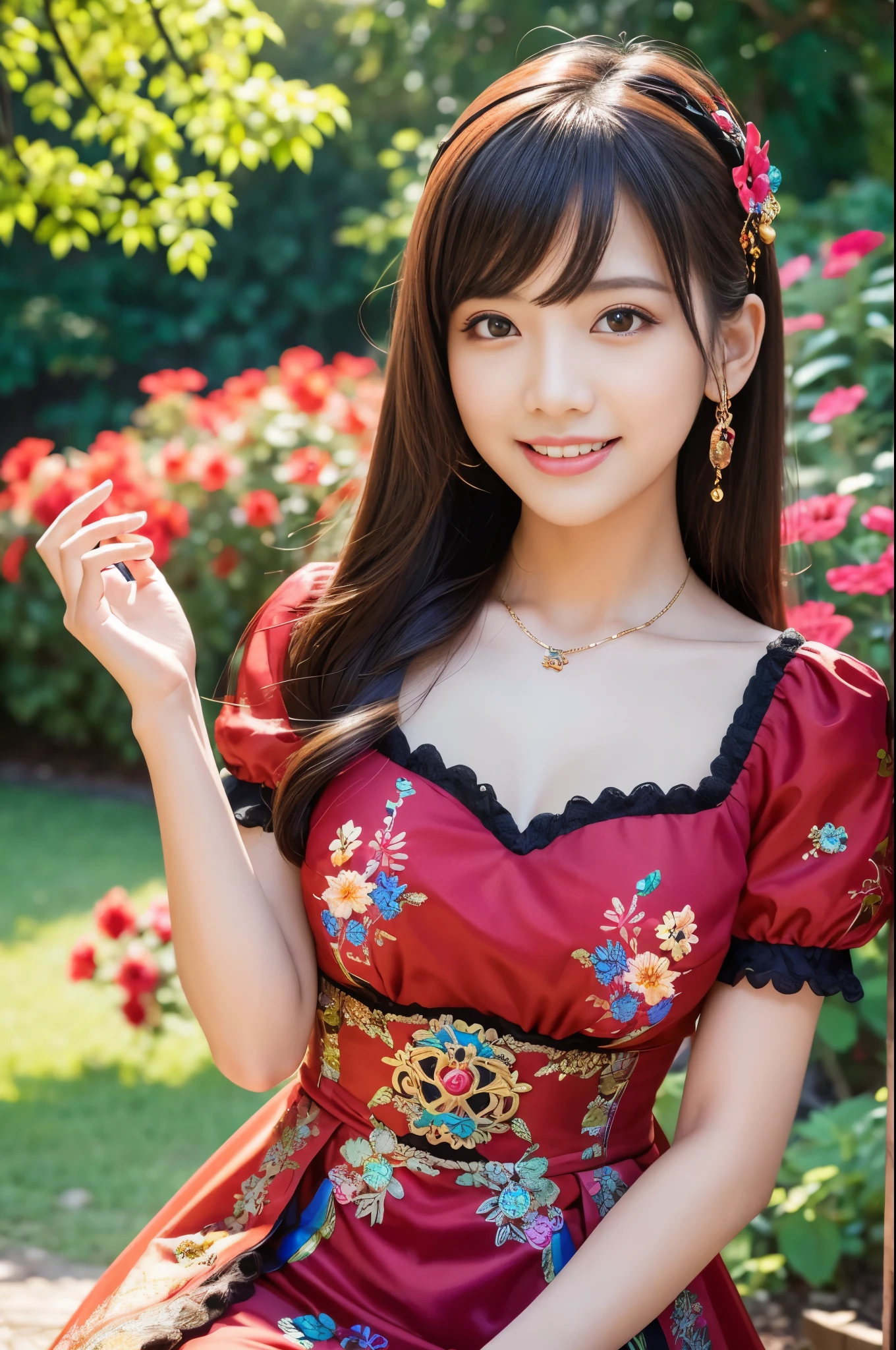 (masterpiece:1.4), (best quality:1.4), ultra high res, ultra high resolution, ((detailed facial features)), HDR, (realistic, photorealistic, photo-realistic:1.37), full body, sexy seductive Thai woman, (seductive smile), (slim girl), long lashes, multicolor metallic makeup, vivid colors, (multicolor very short hair), fair skin, elegant posture, wearing large sparkling colorful jewelery, wearing a red ta cosplay dress with black floral embroidery, rainbow-colored butterflies flutter around, it is in a Eastern setting, japanese park in background, lush garden, sunny, in focus, gentle sunlight shining, casting a soft glow on her face, adding warmth to the scene, vibrant colors, capturing the essence of vibrant city life, portrait style, showcasing her natural beauty and grace in a feminine way