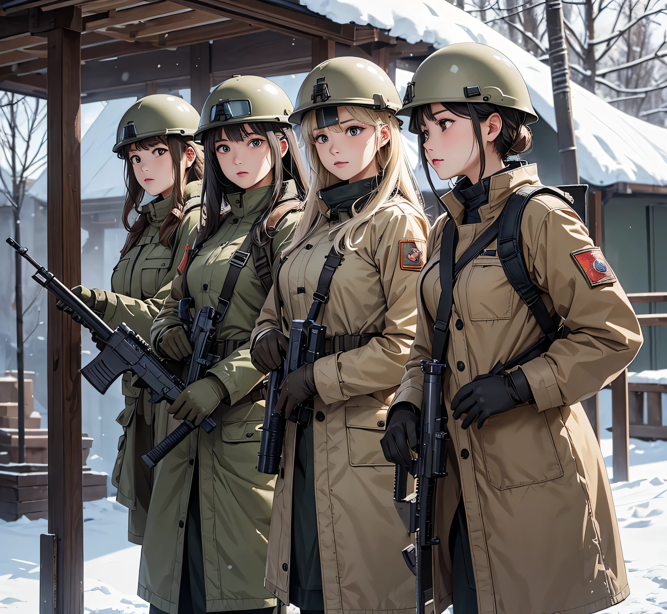 A group of female soldiers holding guns wearing beige M-51 thick long coats、Wear a steel helmet、Gloves、Tactical harness、Magazine Pouch、Snowy military camp、Write details、masterpiece、best quality、Highly detailed CG、8K picture quality