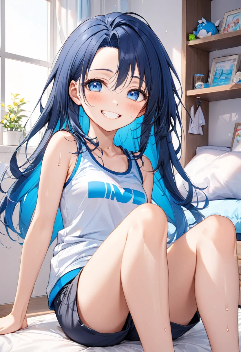 (1 girl), black hair、delicate and thin、Cat ear、flat chest、Focus on the entire screen、girls、長いblack hair, big lips, anime, beautiful lips,, ((highest quality)), on the bed、soft shading, High resolution, big lips, big lips,x ornament, ornament, duck face, Lip Focus, glossy lips、sweaty、school swimwear、Red face in heat、blush、Ahegao、童顔のgirls生徒、smile、Two unique Loose socks、Chick sitting、Sit down and show the back of your feet、school bag、shout