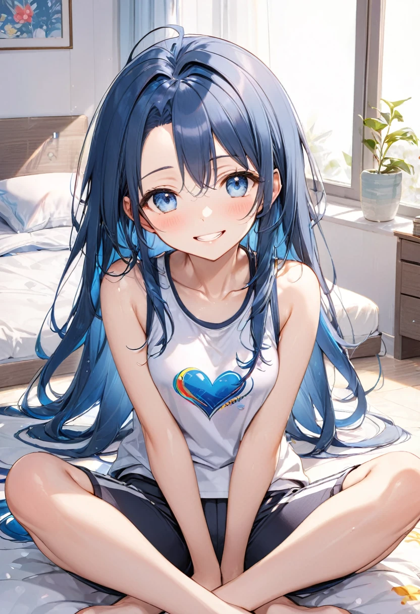 (relax style) (sitting, spread legs, crossed ankles), (soro:2, 15 yo, forehead blue hair long hair cute girl, lovely blue eyes, grin smile, love smile), in a casual tank top, Sweat pants, break, in the cute bedroom, BREAK, perfect anatomy, masterpiece, best quality, 16k, beautiful detailed grow, daydreaming expression.