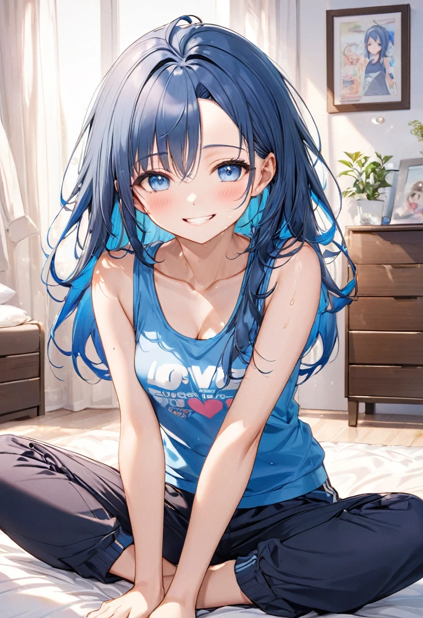 (relax style) (sitting, spread legs, crossed ankles), (soro:2, 15 yo, forehead blue hair long hair cute girl, lovely blue eyes, grin smile, love smile), in a casual tank top, Sweat pants, break, in the cute bedroom, BREAK, perfect ???????, masterpiece, best quality, 16k, beautiful detailed grow, daydreaming expression.