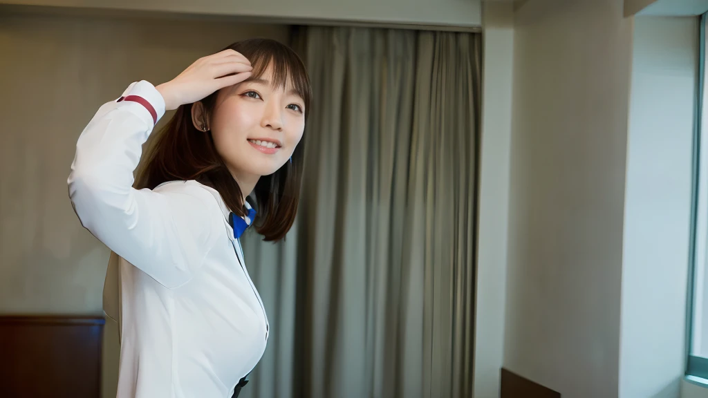 (1 female),beauty,Beautiful Face,smile,(office lady suit:1.4、,A dignified appearance,Plump Style,(Saggy breasts:1.3)、(Peeking into this、Front view),Focus on the chest,Ultra-realistic,Ultra-high resolution,highest quality,8k,masterpiece,(Hotel Indoor、Shooting in bed:1.3)、The cutest Yoshioka Riho