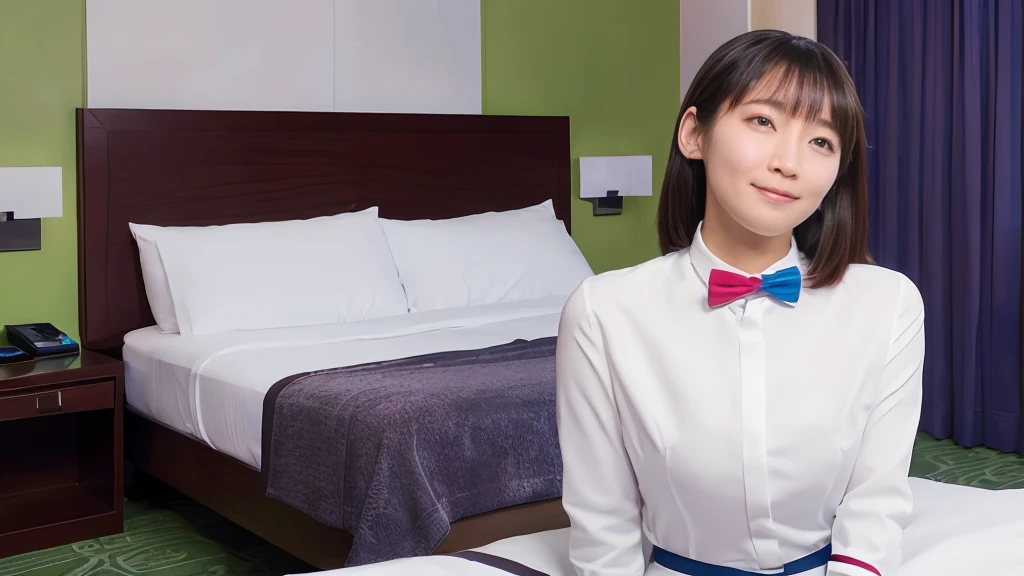 (1 female),beauty,Beautiful Face,smile,(office lady suit:1.4、,A dignified appearance,Plump Style,(Saggy breasts:1.3)、(Peeking into this、Front view),Focus on the chest,Ultra-realistic,Ultra-high resolution,highest quality,8k,masterpiece,(Hotel Indoor、Shooting in bed:1.3)、The cutest Yoshioka Riho