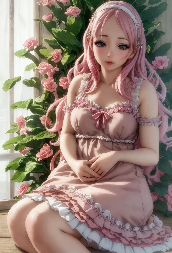 cute anime girl, beautiful detailed eyes, beautiful detailed lips, extremely detailed face and features, delicate features, porcelain skin, long eyelashes, wavy light pink hair, hair clips, , wearing frilly pink dress, holding a stuffed plush toy, sitting in a vibrant floral garden, butterflies, sunlight, (best quality,4k,8k,highres,masterpiece:1.2),ultra-detailed,(realistic,photorealistic,photo-realistic:1.37),vibrant colors,soft lighting,intricate details,delicate brushwork,cute,whimsical,magical realism