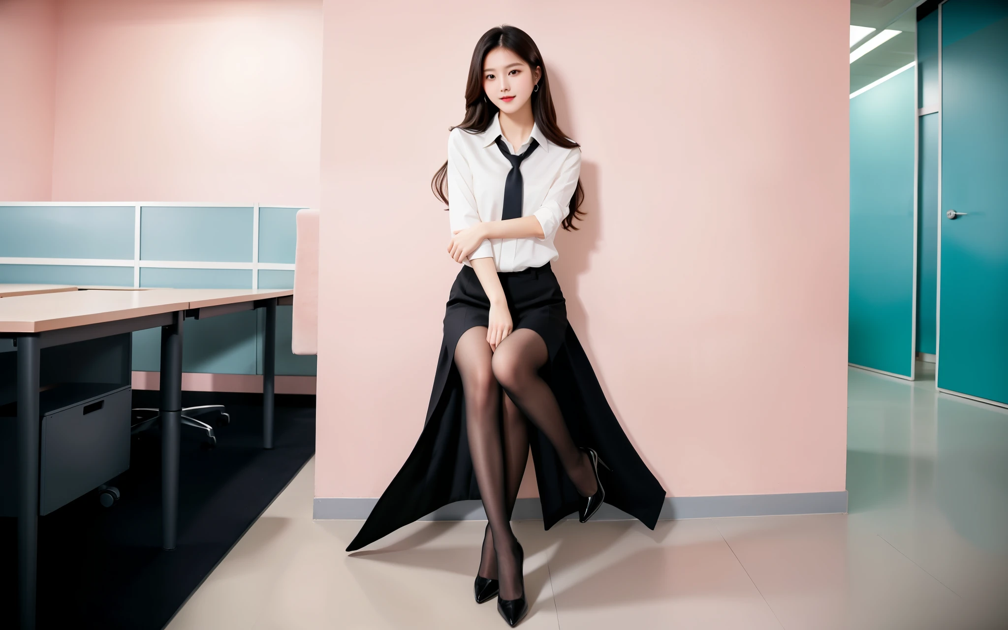 best quality, Full body portrait, Delicate face, Pretty Face, Slim body, office,Lady,office服装, black, Pink long hair,cute,stand up,black高跟鞋,three legs,Standing