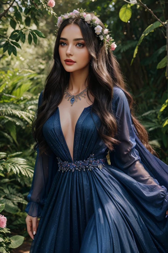 4K ultra hd, masterpiece, a cute girl, good face, detailed eyes, liquid lipstick, long hair, spreading hair, necklace, beaeutiful dress, long dress, marriage dress, dark blue color, high lights, light effects, shining, realistic background, nature background, flowers, whole body capture,