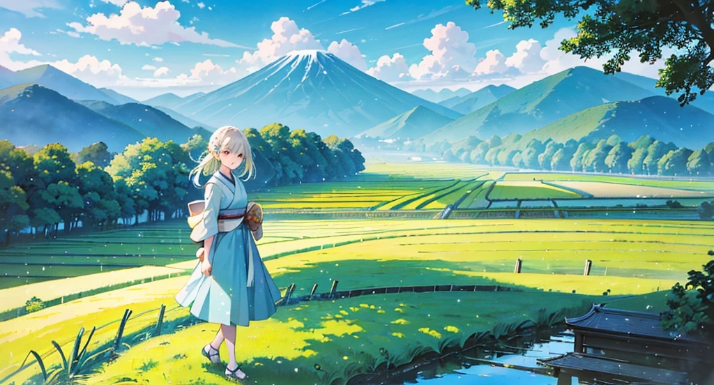 Create a picturesque rural landscape during the day, featuring a young woman in a light blue dress standing on a path that stretches into lush green rice fields. In the background, traditional Japanese wooden houses and green mountains are seen against a bright blue sky filled with fluffy white clouds. The sunlight beams from the top left corner, illuminating the scene with a warm and cheerful ambiance.
