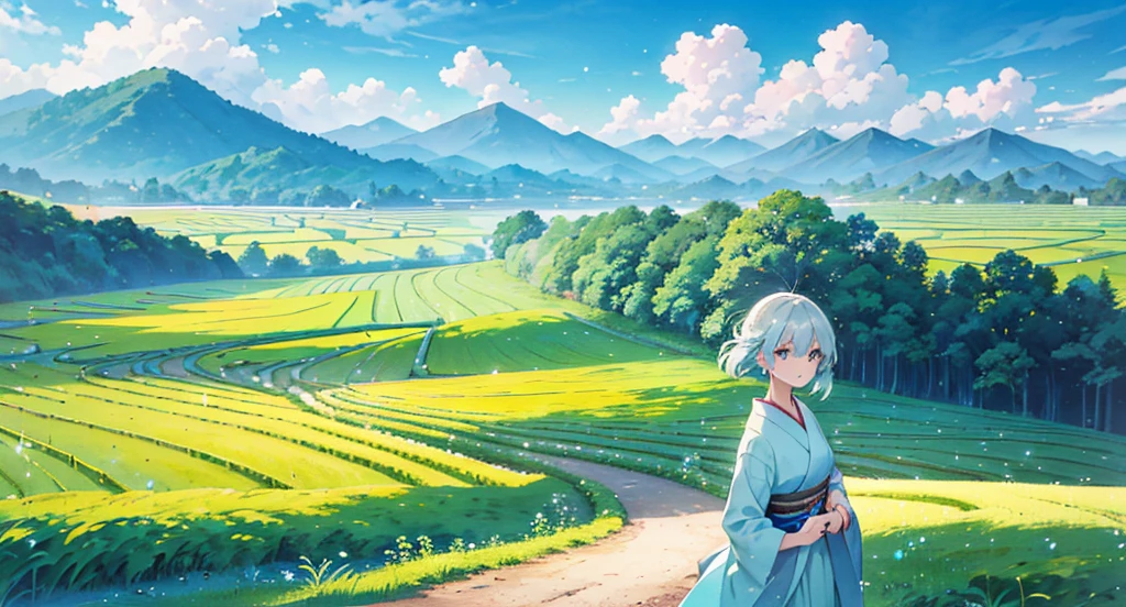 Create a picturesque rural landscape during the day, featuring a young woman in a light blue dress standing on a path that stretches into lush green rice fields. In the background, traditional Japanese wooden houses and green mountains are seen against a bright blue sky filled with fluffy white clouds. The sunlight beams from the top left corner, illuminating the scene with a warm and cheerful ambiance.