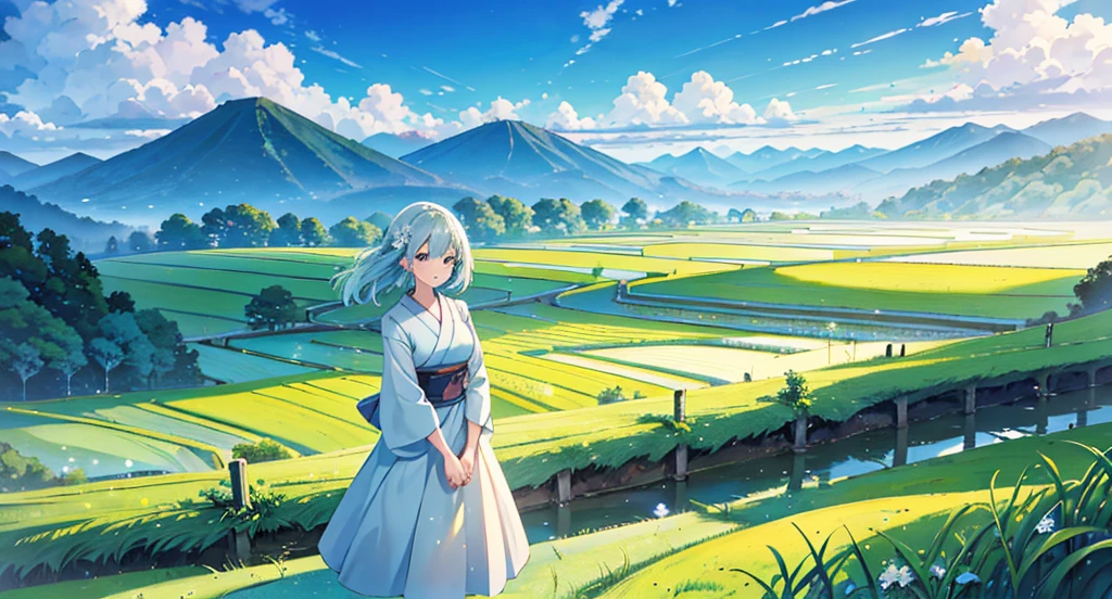 Create a picturesque rural landscape during the day, featuring a young woman in a light blue dress standing on a path that stretches into lush green rice fields. In the background, traditional Japanese wooden houses and green mountains are seen against a bright blue sky filled with fluffy white clouds. The sunlight beams from the top left corner, illuminating the scene with a warm and cheerful ambiance.