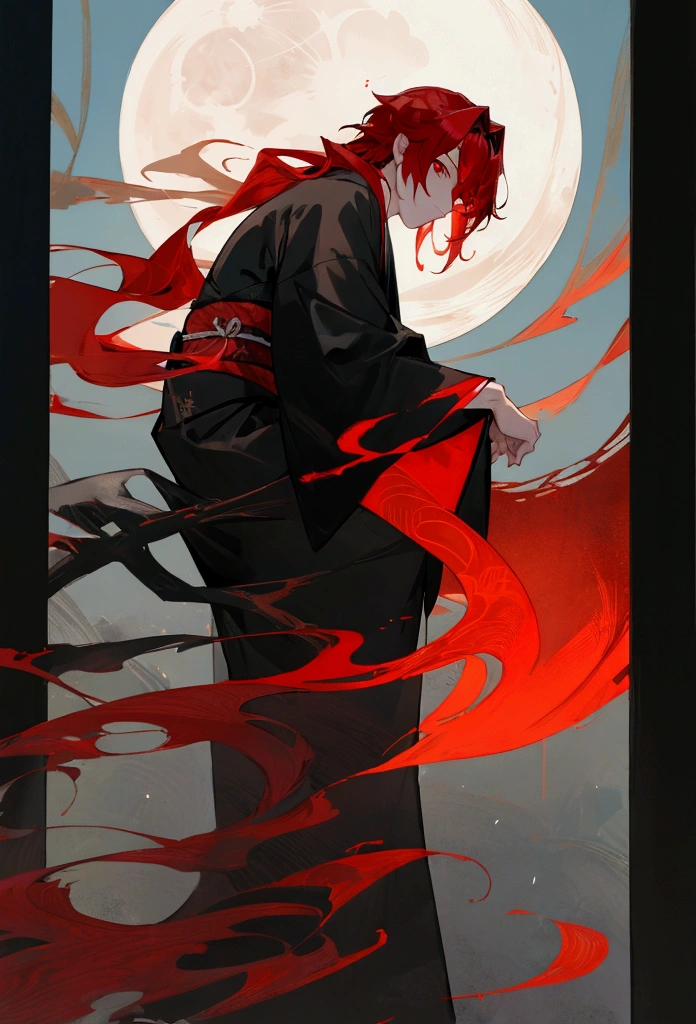 Red hair, Red Eye, male, moonlight, Black kimono, Relax, Veranda