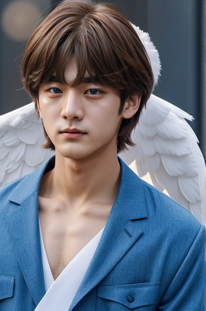 kim taehyung, shoulder-length brown hair, dressed as an angel and crying, predominance of blue tones