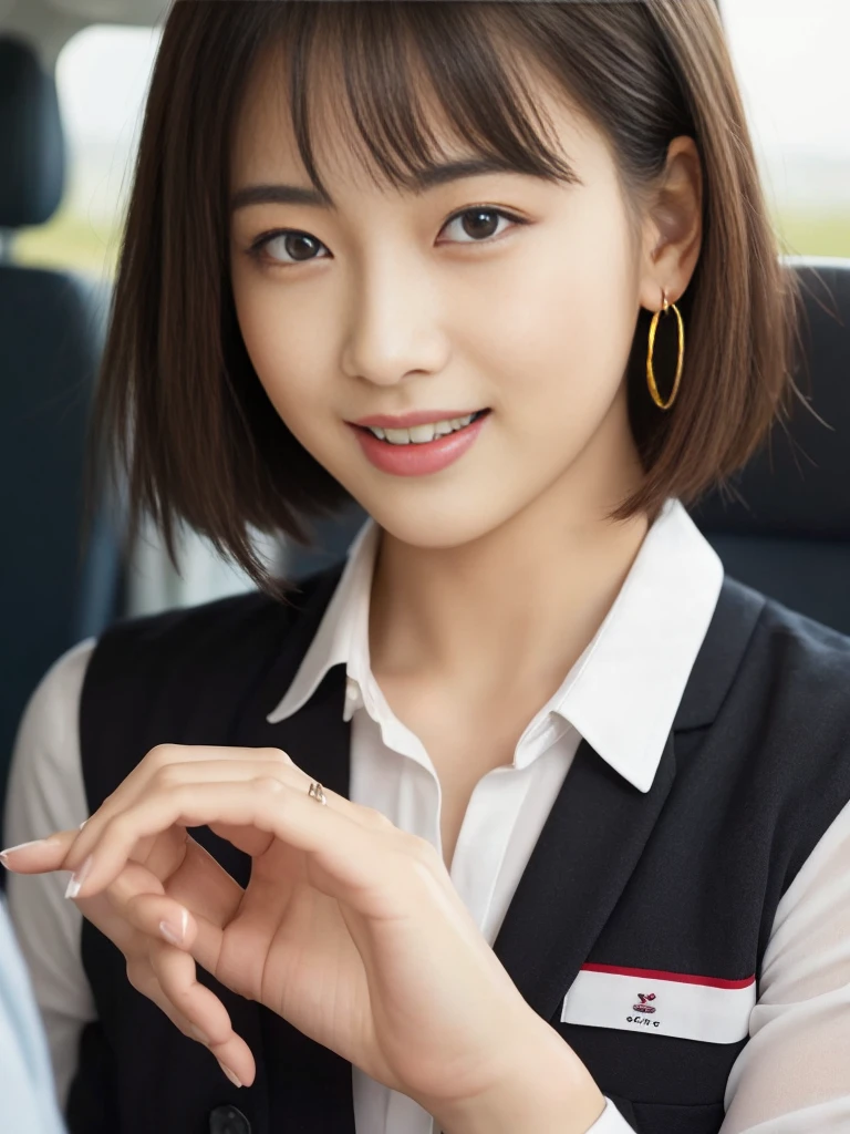 (masterpiece)、(Highest quality:1.5)、(16k wallpaper:1.2)、(Realistic:1.2)、(Very detailedな:1.2)、(超High resolution:1.2),(Surreal), (High resolution), (Very detailed), (Professional), (Realistic), (Post-processing), (Very detailed),(Sharp focus), Sharp focus:1.2,Realistic, Ultra-realistic, Backlight, Bright light, (Improvement of quality:1.4), Healthy Thighs、Tight waist、Big Ass、(Beautiful feet)、((Perfectly detailed five-fingered hands)),(Anatomically correct body)、((1 female:1.4))、Realistic Skin、(Small box:1.4),Beautiful woman with perfect figure:1.4,(from the front:1.5), (Enhances the beauty of skin texture:1.1), (Beautiful details), (Detailed face),Beautiful realistic face,No makeup、美しいBlack Hair、Super Beauty、The best smile、Natural color lip、Bangs too、((29-year-old female))、Bob Hair、Hair blowing in the wind, (Black Hair, iris, Watery eye, Shining Eyes, Short Bob Cut Hair, Small earrings, Slightly reddish), Hair behind the ear、No makeup、(Droopy eyes)、(Drooping eye corners)、Inside the plane, stewardess, stewardessコスチューム, ANAAviation uniforms, Aviation uniforms, Thick thigh skirt, Glowing Skin,