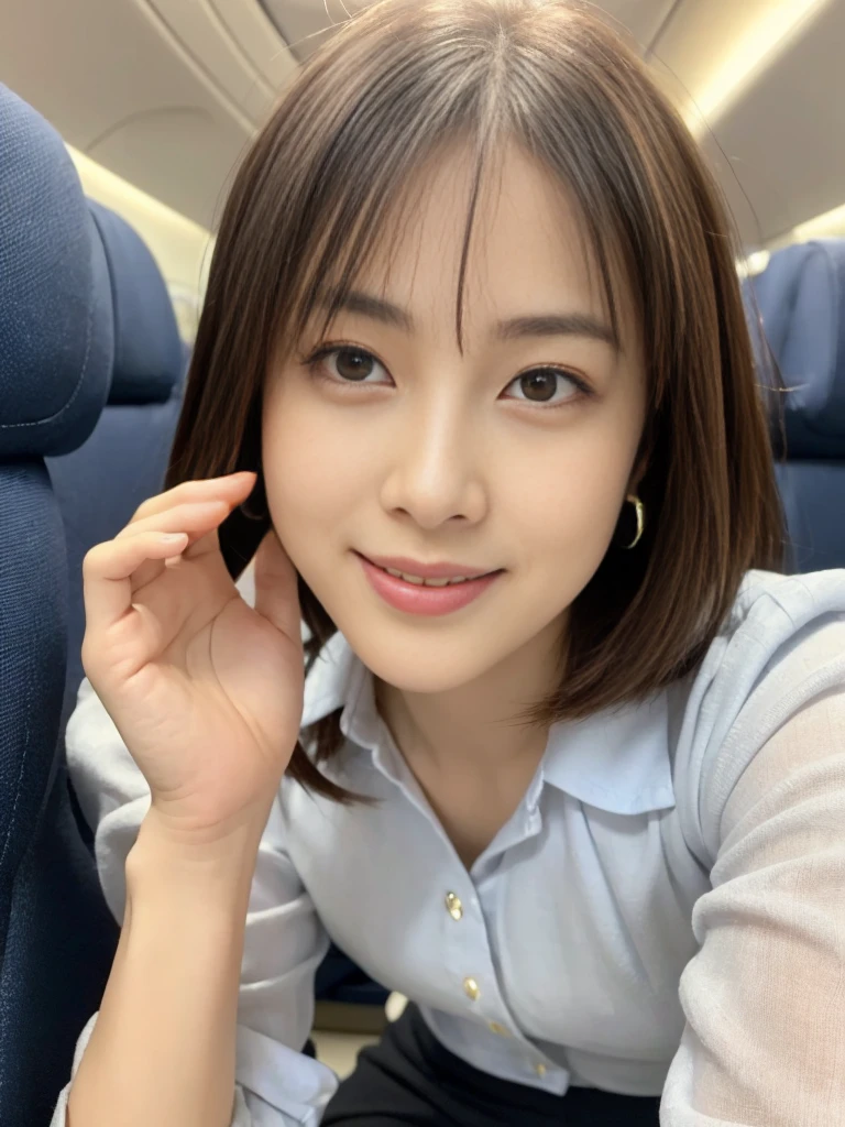 （masterpiece）、(Highest quality:1.5)、(16k wallpaper:1.2)、(Realistic:1.2)、(Very detailedな:1.2)、(超High resolution:1.2),(Surreal), (High resolution), (Very detailed), (Professional), (Realistic), (Post-processing), (Very detailed),(Sharp focus), Sharp focus:1.2,Realistic, Ultra-realistic, Backlight, Bright light, (Improvement of quality:1.4), Healthy Thighs、Tight waist、Big Ass、（Beautiful feet）、((Perfectly detailed five-fingered hands)),（Anatomically correct body）、((1 female:1.4))、Realistic Skin、（Small box：1.4）,Beautiful woman with perfect figure:1.4,(from the front:1.5), (Enhances the beauty of skin texture:1.1), (Beautiful details), (Detailed face),Beautiful realistic face,No makeup、美しいBlack Hair、Super Beauty、The best smile、Natural color lip、Bangs too、((29-year-old female))、Bob Hair、Hair blowing in the wind, (Black Hair, iris, Watery eye, Shining Eyes, Short Bob Cut Hair, Small earrings, Slightly reddish), Hair behind the ear、No makeup、(Droopy eyes)、(Drooping eye corners)、Inside the plane, stewardess, stewardessコスチューム, ANAAviation uniforms, Aviation uniforms, Thick thigh skirt, Glowing Skin,