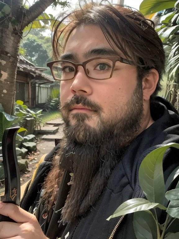 One boy, beard, Glasses, obesity, Explorer, jungle, Lush, mysterious, ancient ruins, (Vintage Gear), Machete, Big tree々, Sunshine pours in, Animals in the wild, Dark green leaves, Vines, Labyrinthine, adventure, discovery