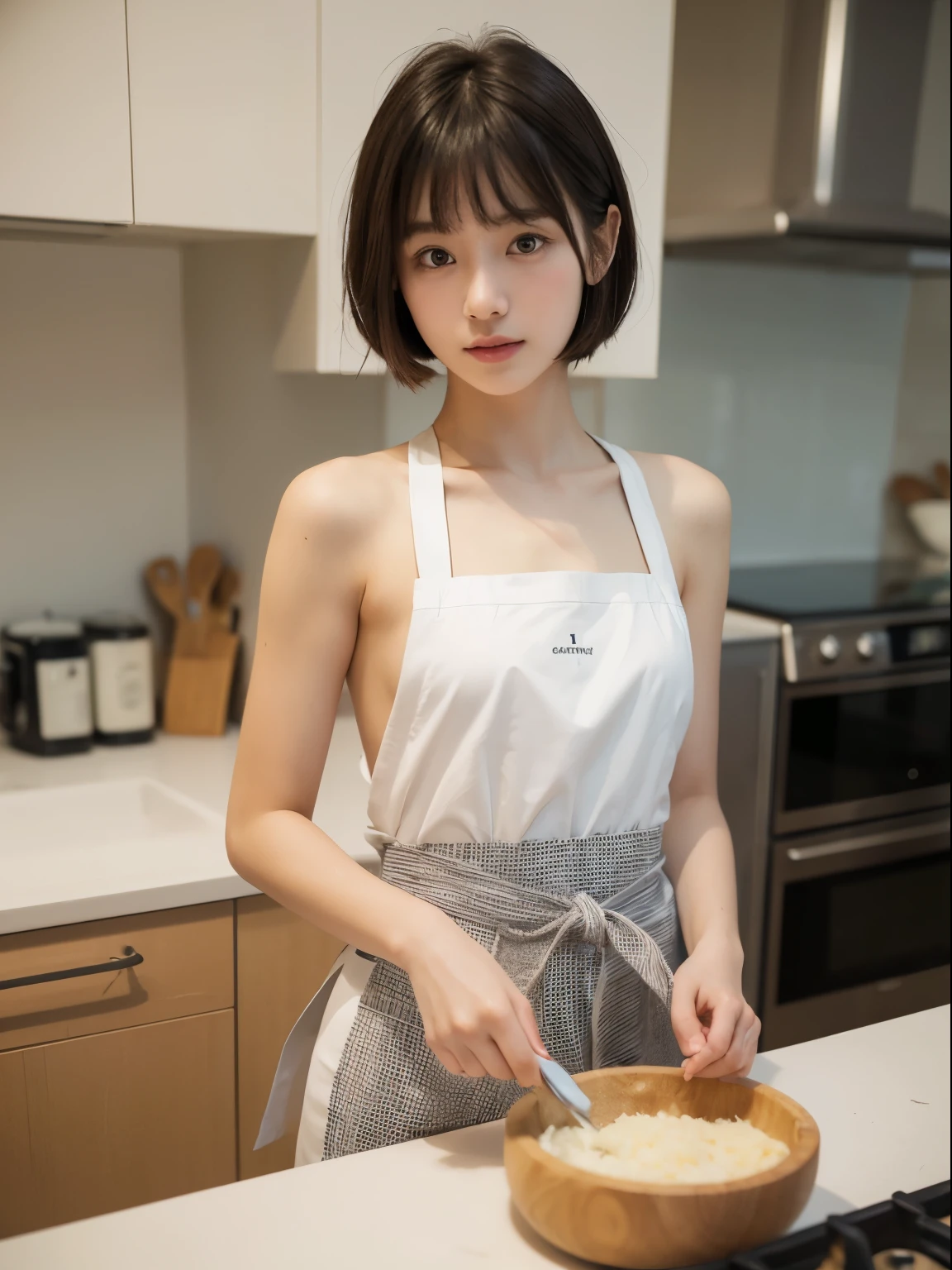 hightquality、​masterpiece、ultra res、cute girl face、cuisine、barechested、Naked apron、Wearing an apron、full bodyesbian、Famous actresses of Japan、very beautiful face