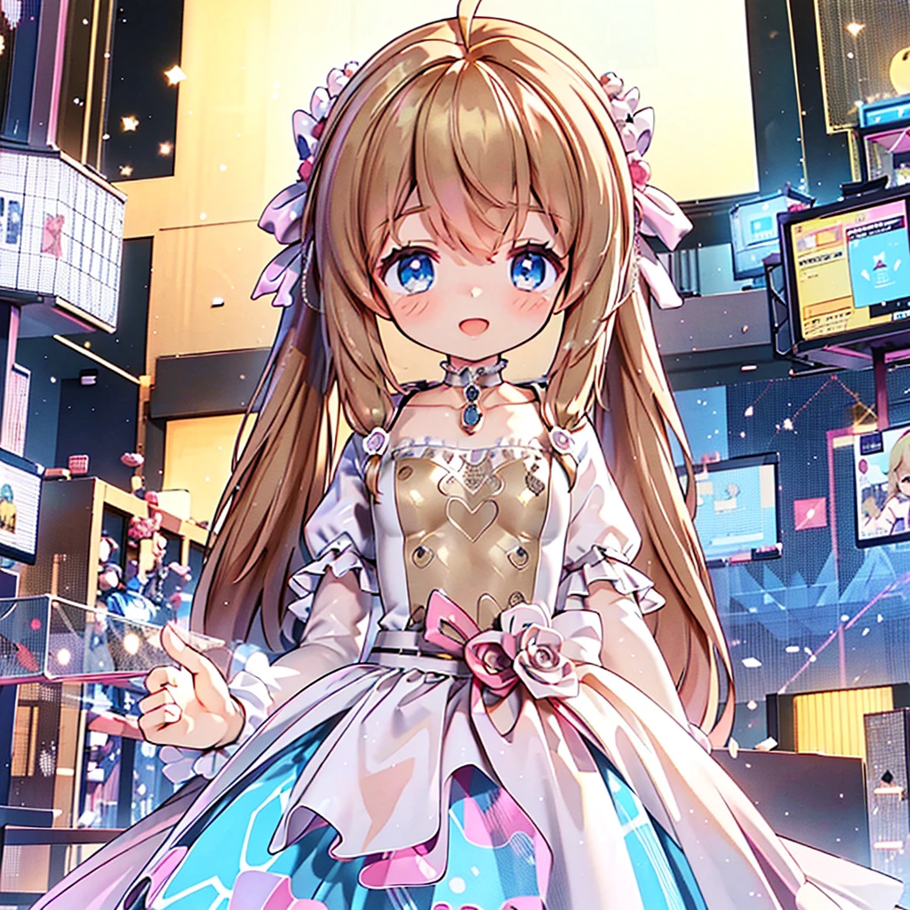 masterpiece, best quality, CG wallpaper, 8k, girl, solo,  cute, petite, Blue eyes, brown twintail, (yellow dress), open mouth smile, look away,  glitch, neon and led lights, view from below 
