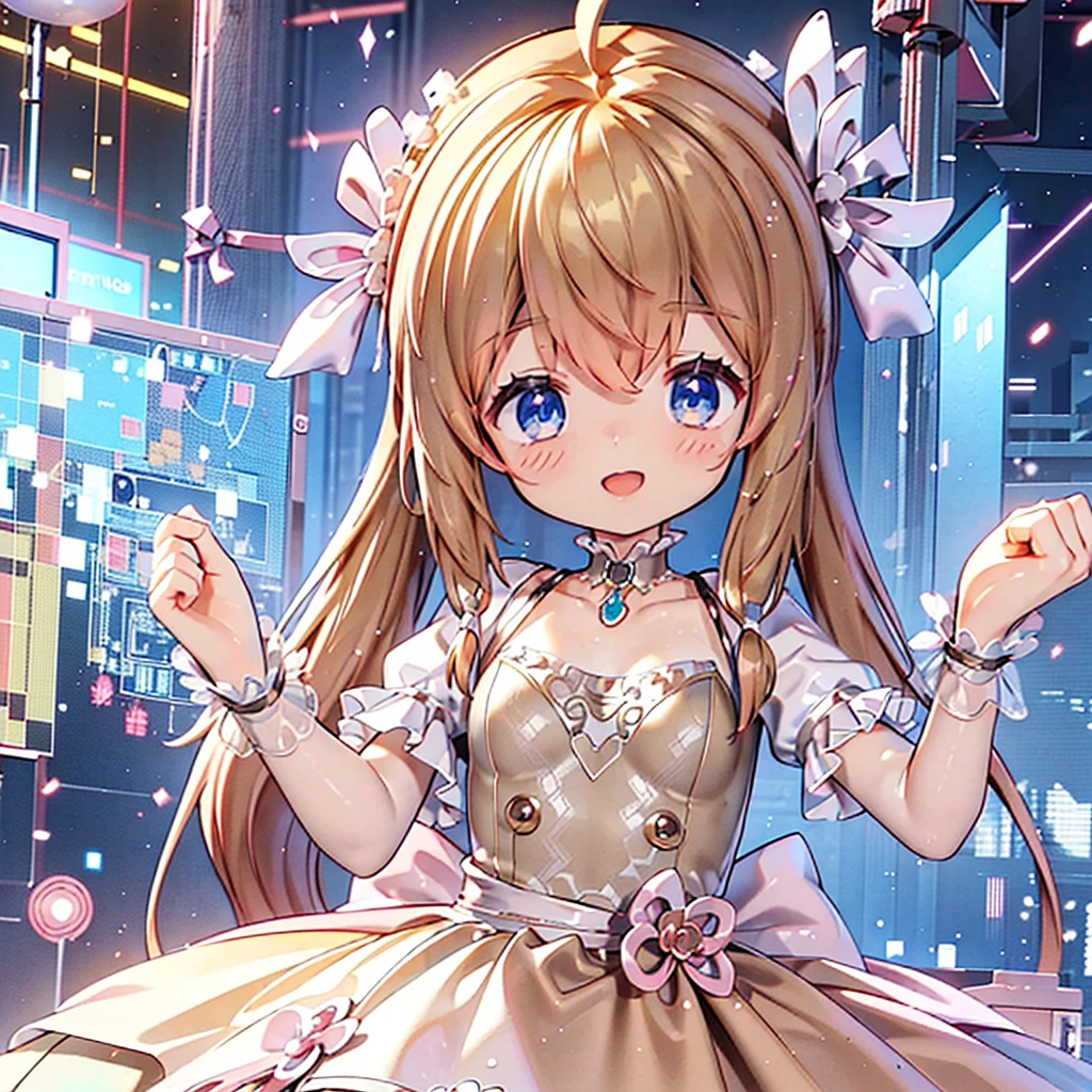 masterpiece, best quality, CG wallpaper, 8k, girl, solo, cute, petite, Blue eyes, brown twintail, (yellow dress), open mouth smile, look away, glitch, neon and led lights, view from below