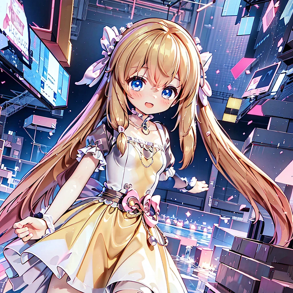 masterpiece, best quality, CG wallpaper, 8k, girl, solo,  cute, petite, Blue eyes, brown twintail, (yellow dress), open mouth smile, look away,  glitch, neon and led lights, view from below 
