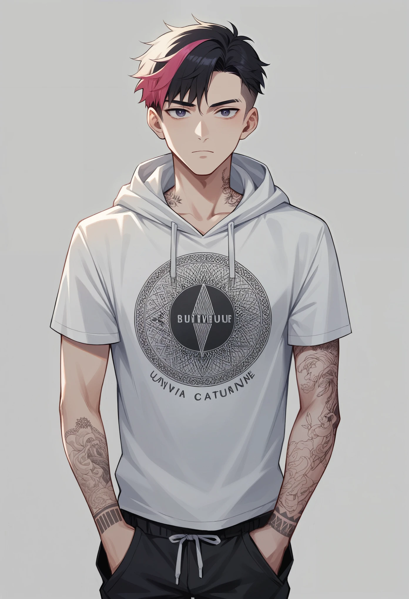 A stunning 3D anime illustration depicting a slender and elegant couple dressed in trendy Supreme clothing. The young woman is wearing a black Supreme hoodie with the lyrics "r" on the front highlighted, while the young man is wearing a white Supreme t-shirt with the lyrics "O" Spotlight. The background displays a cinematic atmosphere with dramatic lighting and sharp shadows. The illustration highlights fashion and the stylization of typography on clothing. Includes a tattoo "Holy" on the front of the thigh, while the young man a tattoo "rOSANA" in the right arms.
