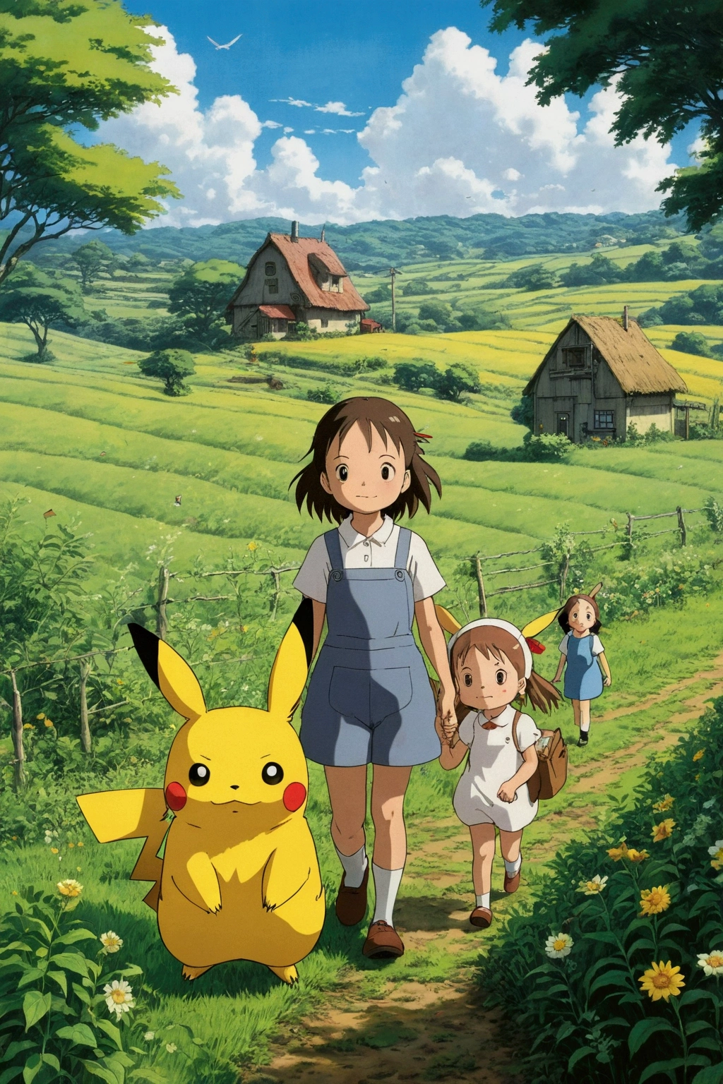 in the farm meadow、Ghibli style、My Neighbor Totoro and Pikachu girl A good friend