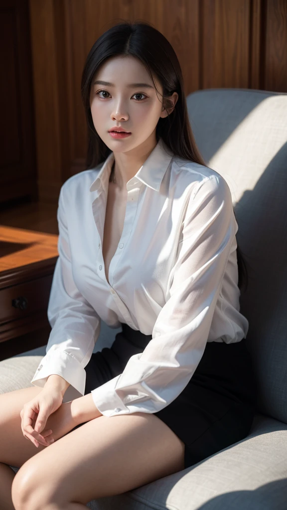 8k， Highest quality、masterpiece、Realistic、Super detailed、photo Realistic、hyperRealistic、Smoother lighting、Improving the lighting quality of movies、Realistic
lighting， Backlight、Brilliant、Improvement of quality、Highest qualityreal
texture skin,
bright、noon、Beauty、announcer、suit、serious、front、Sitting、shirt