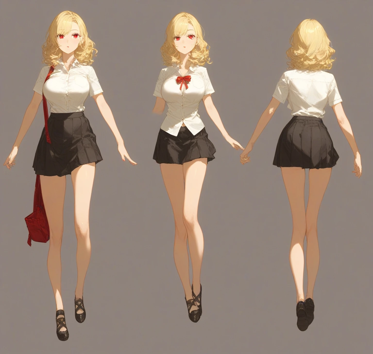 {{wonderful}}, Highest quality, Ultra-detailed CG Unity 8k Wallpaper, Beautiful details、Large Breasts、Blonde、Character Sheet、three views、White Shirt、mini skirt、Red ribbon、Lady、Slanted Eyes