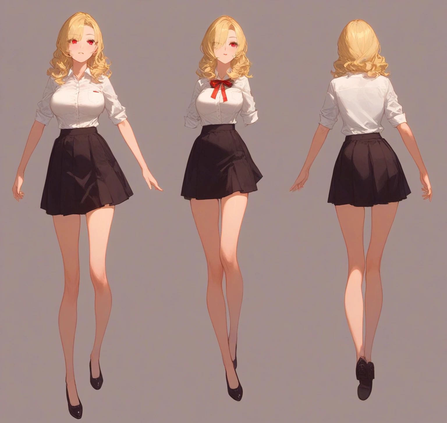 {{wonderful}}, Highest quality, Ultra-detailed CG Unity 8k Wallpaper, Beautiful details、Large Breasts、Blonde、Character Sheet、three views、White Shirt、mini skirt、Red ribbon、Lady、Slanted Eyes