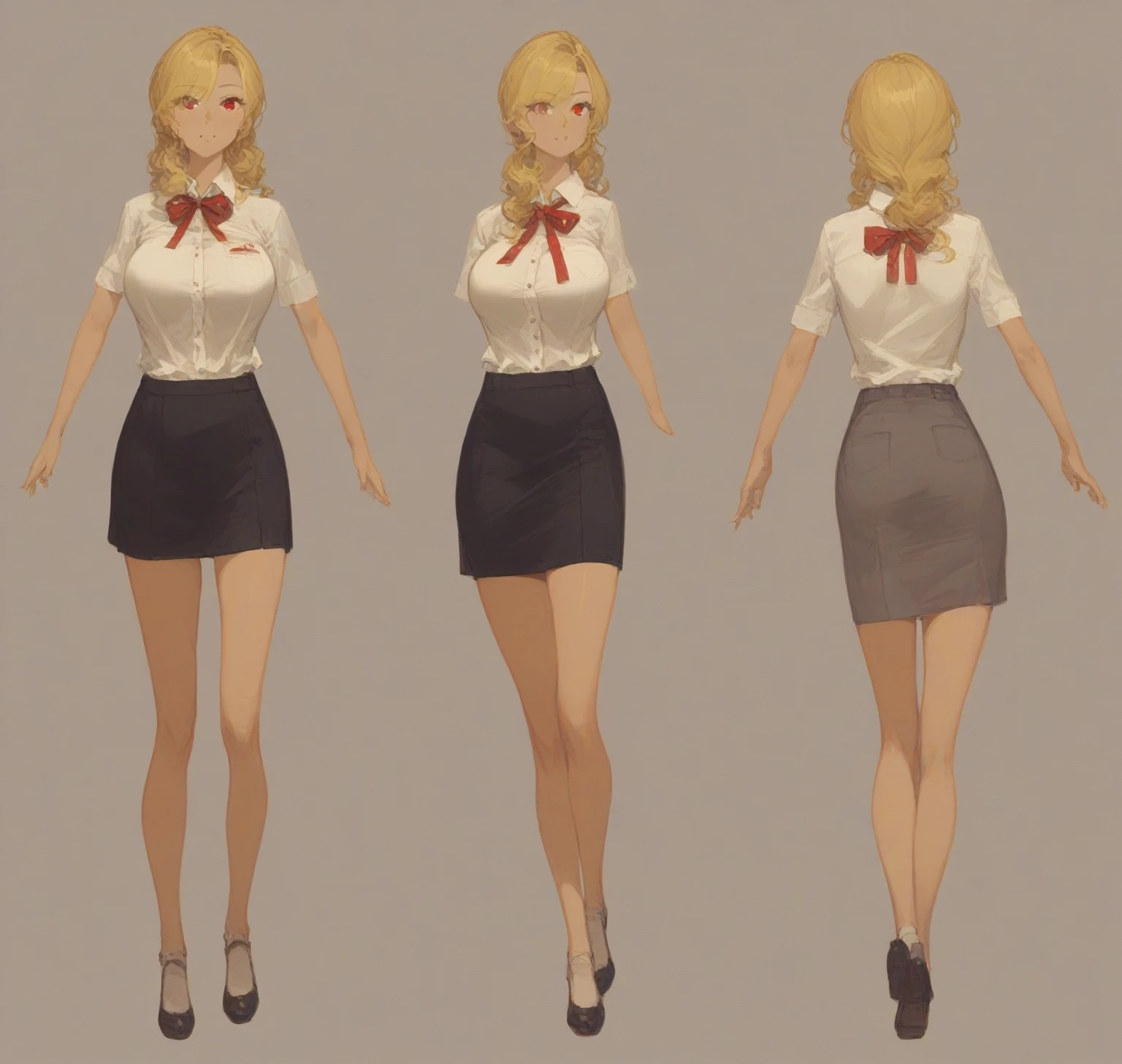 {{wonderful}}, Highest quality, Ultra-detailed CG Unity 8k Wallpaper, Beautiful details、Large Breasts、Blonde、Character Sheet、three views、White Shirt、mini skirt、Red ribbon、Lady、Slanted Eyes