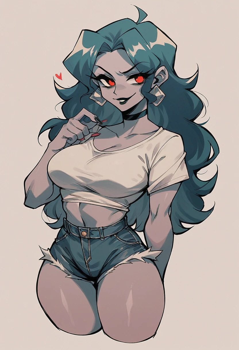Vriska Serket, black hair, long hair, dark blue eyes, yellow sclera, colored sclera, eyepatch, glasses, ((grey skin)), [silver skin], colored skin, horns, orange horns, yellow horns, dark blue lips.
((cute face, beautiful face, detailed face, extremely detailed face, closed mouth)), smile, smug, >:\).
1girl, solo, cowboy shot, standing, looking at viewer, simple background. masterpiece, beautiful, intricate, absurdres, detailed, highres, best quality.
((medium breasts, wide hips, thick thighs)).
armpit, jean shorts, hot pants, short shorts, daisy dukes, midriff, abs, nipples, sweat, sweaty, topless, breasts out
 <lora:vriskaSerketHomestuck_vriskaSerketHomestuck:0.5> <lora:gopheralphastyle_10:1>
