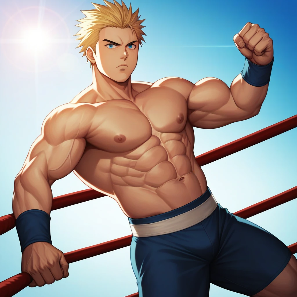 score_9, score_8_up, score_7_up, source_anime, score_6_up, score_5_up, score_4_up, BREAK 1guy, heavy weight muscular, black wrestling bikini, solo, topless, blonde, fighting stance, hollywood action, masculine handsome guy, tsurime, sanpaku, blue eyes, spiked hair, nipples, abs, male high ratio body proportions, dramatic expression, dutch angle, on wrestling ring, thick waist, stocky waist, slighty chubby, muscular plump, 1990s, cinematic shadows, cinematic lighting, lens flare, light leaks, VHS Quality