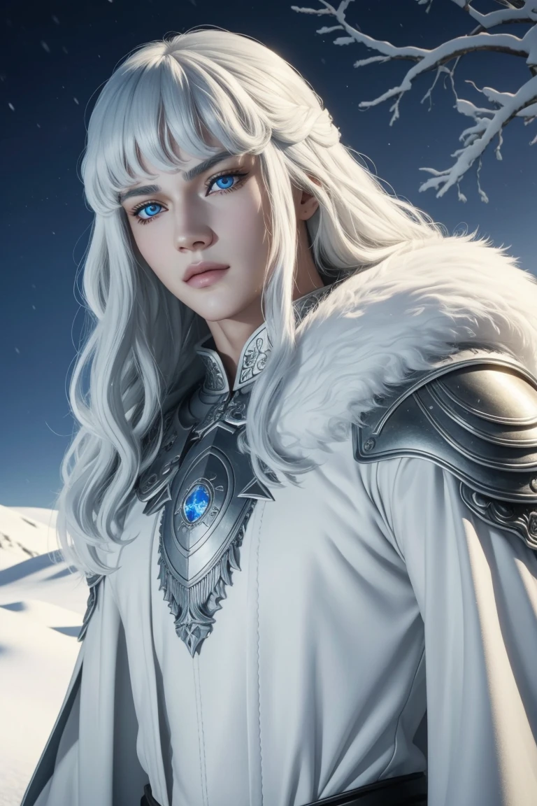 Griffith,Berserk,male,super beautiful teenager,Long hair with white perm,Crystal clear blue eyes,Beautiful white skin,Ultra HD,super high quality,masterpiece,Digital SLR,Photorealistic,Detailed details,Vivid details,Depicted in detail,A detailed face,Detailed details,Super Detail,Realistic skin texture,Anatomical basis,Perfect Anatomy,Anatomically correct hand,Anatomically correct fingers,Complex 3D rendering,Fearless look,Beautiful snowy scenery,