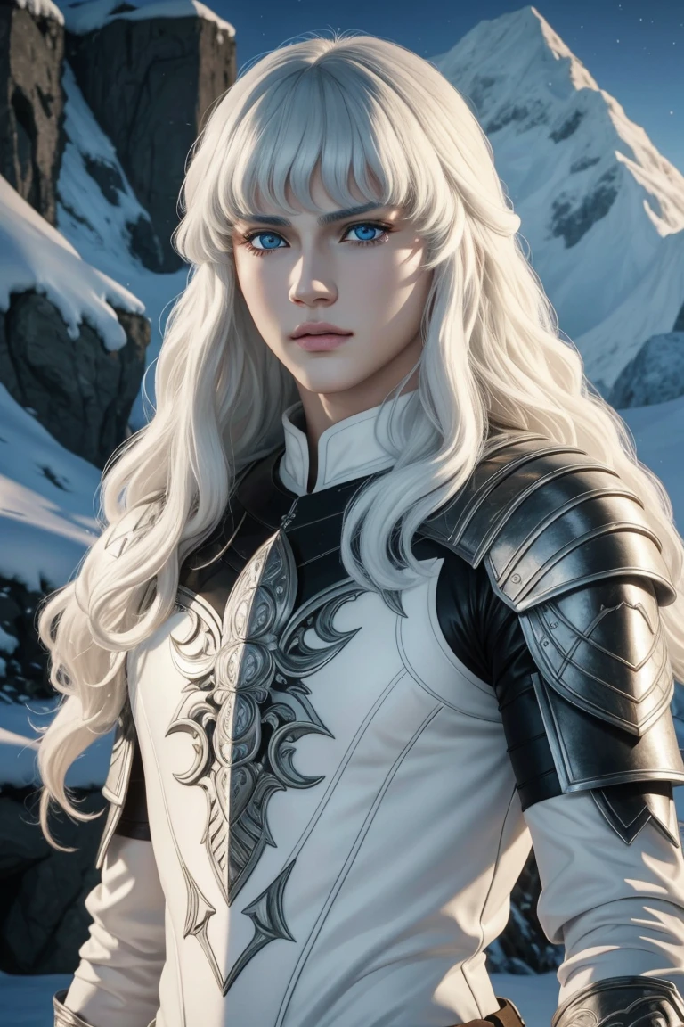 Griffith,Berserk,male,super beautiful teenager,Long hair with white perm,Crystal clear blue eyes,Beautiful white skin,Ultra HD,super high quality,masterpiece,Digital SLR,Photorealistic,Detailed details,Vivid details,Depicted in detail,A detailed face,Detailed details,Super Detail,Realistic skin texture,Anatomical basis,Perfect Anatomy,Anatomically correct hand,Anatomically correct fingers,Complex 3D rendering,Fearless look,Beautiful snowy scenery,