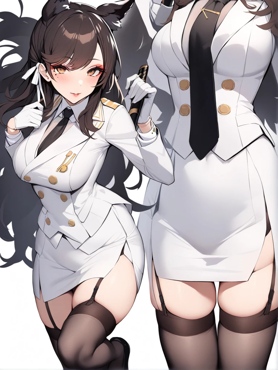 atago_\(azur_lane\), 1 woman, solo, brown eyes,mole_under_eye,military_uniform, garter_straps, skirt, skirt, black legwear,white gloves,white background, a woman holding a katana, masterpiece, best quality, white skirt suit, (((three-piece suit))), (((white dress shirt))), (((necktie))), (((white blazer))), (((suit jacket))), (((waistcoat))), double-breasted waistcoat, (((bodycon pencil skirt))), pocket square, cufflinks, tie clip, tight clothing, belt formal clothing, makeup, lipstick, eyeshadow, mascara, slender figure, tailored suit, medium breasts