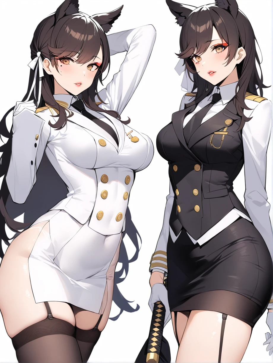 atago_\(azur_lane\), 1 woman, solo, brown eyes,mole_under_eye,military_uniform, garter_straps, skirt, skirt, black legwear,white gloves,white background, a woman holding a katana, masterpiece, best quality, white skirt suit, (((three-piece suit))), (((white dress shirt))), (((necktie))), (((white blazer))), (((suit jacket))), (((waistcoat))), double-breasted waistcoat, (((bodycon pencil skirt))), pocket square, cufflinks, tie clip, tight clothing, belt formal clothing, makeup, lipstick, eyeshadow, mascara, slender figure, tailored suit, medium breasts