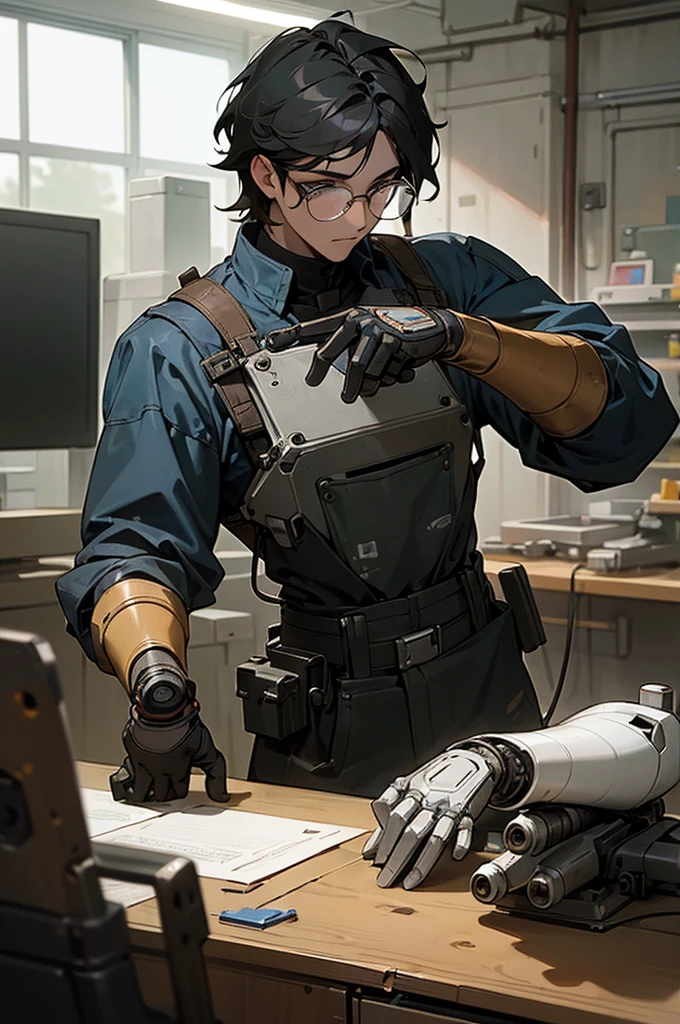 Ridiculous resolution, high resolution, (masterpiece: 1.4), Ultra Detail, Young man with messy short black hair and glasses dressed as welder, A very high-tech robotic arm workbench
