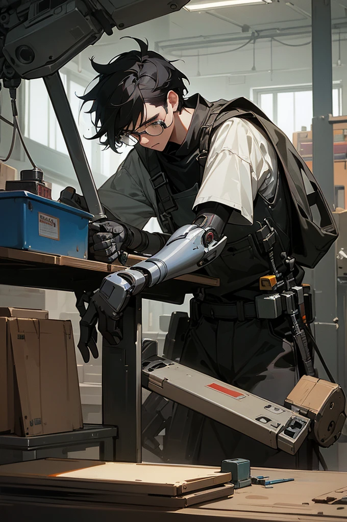 Ridiculous resolution, high resolution, (masterpiece: 1.4), Ultra Detail, Young man with messy short black hair and glasses dressed as welder, A very high-tech robotic arm workbench