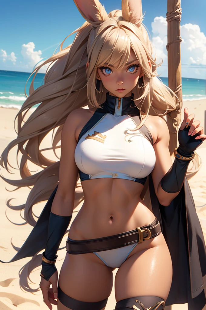 Bunny woman, rabbit woman, hot pants, belt, blue eyes, tan skinned female, fingernails,, long pony tail, viera, sand background, light brown hair, midriff monk pose