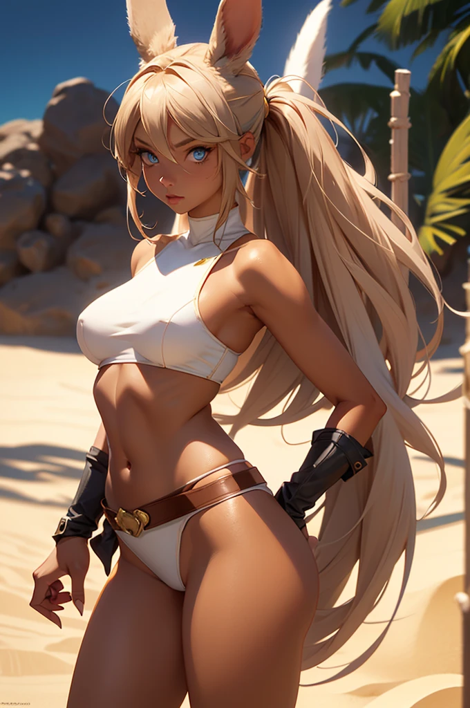 Bunny woman, rabbit woman, hot pants, belt, blue eyes, tan skinned female, fingernails,, long pony tail, viera, sand background, light brown hair, midriff monk pose