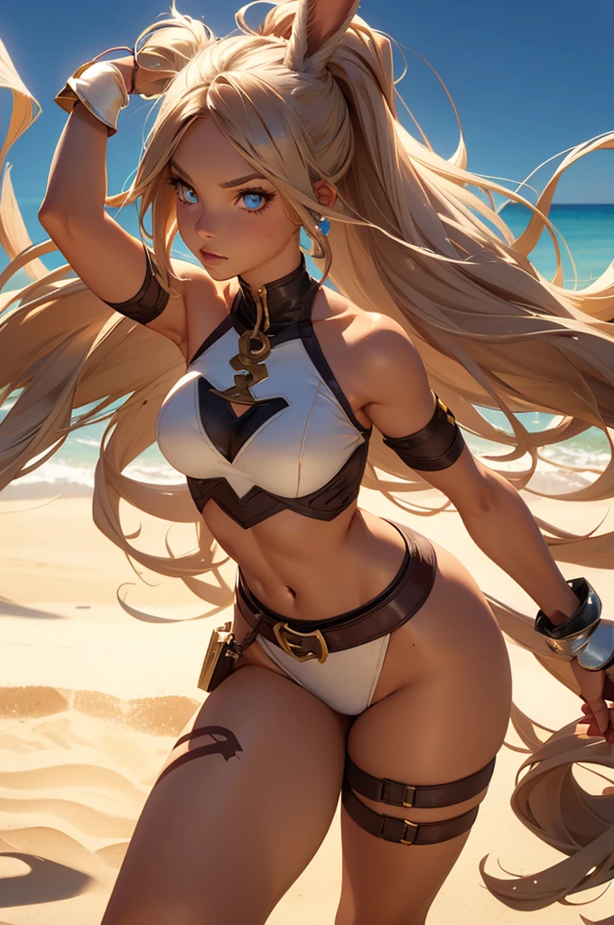 Bunny woman, rabbit woman, hot pants, belt, blue eyes, tan skinned female, fingernails,, long pony tail, viera, sand background, light brown hair, midriff monk pose