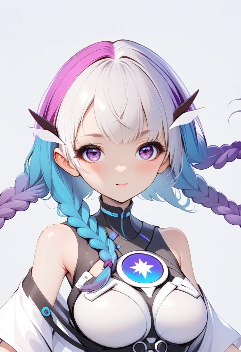 Cute girl，Purple Eyes，Extra Long Double Braids。vector，Vibrant colors，Blue decoration，AI Girl，