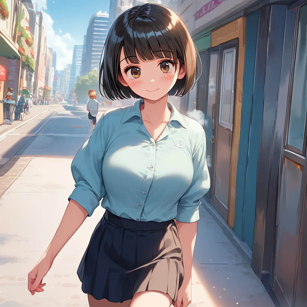 score_9,score_8_up,score_7_up,masterpiece,best quality, source anime, official art, super detailed, extreme detailed, rating_safe,
1girl, walking, ice age, (iced Tokyo city:1.3), street, frozen city, frozen building, frozen road, frozen cars,
BREAK girl, 22yo, short hair, bob cut, (blunt bangs), black hair, (tareme, detailed cute brown eyes), curled eyelashes, (?????????????:0.9), 
shiny hair, beautiful detailed eyes, beautiful face,
summer fashion, no sleeves, mini skirt,
blush, smile, (steam),