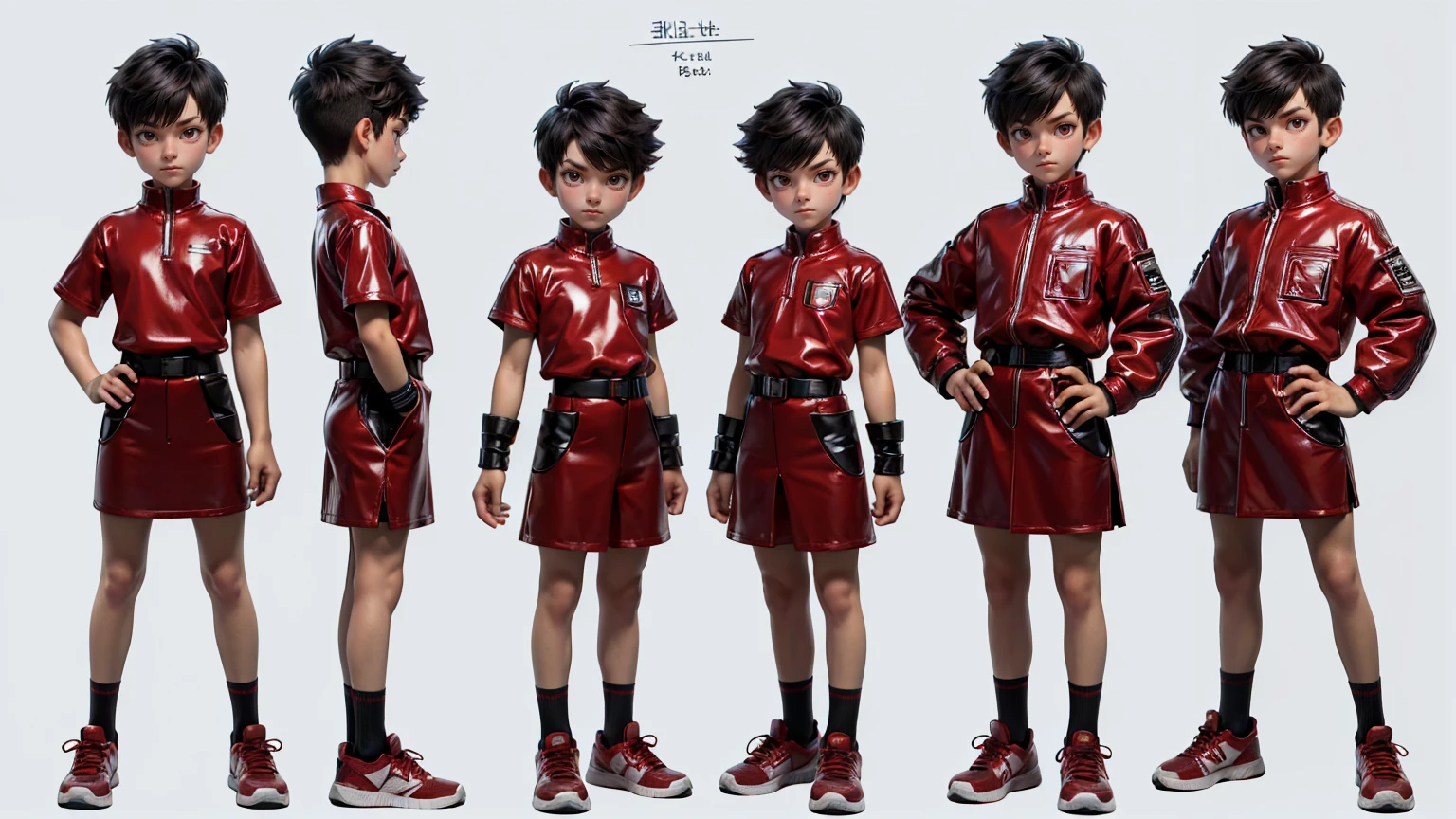 cute face boy, cute face, short height boy, wearing casual futuristic red  color pent, red  dress, full standing pose, Butch Cut hairs,  Butch Cut style hair, black hairs, sports shoes, Character Sheet, , Full body, Simple white background, front pose character reference sheet, Concept art, design sheet