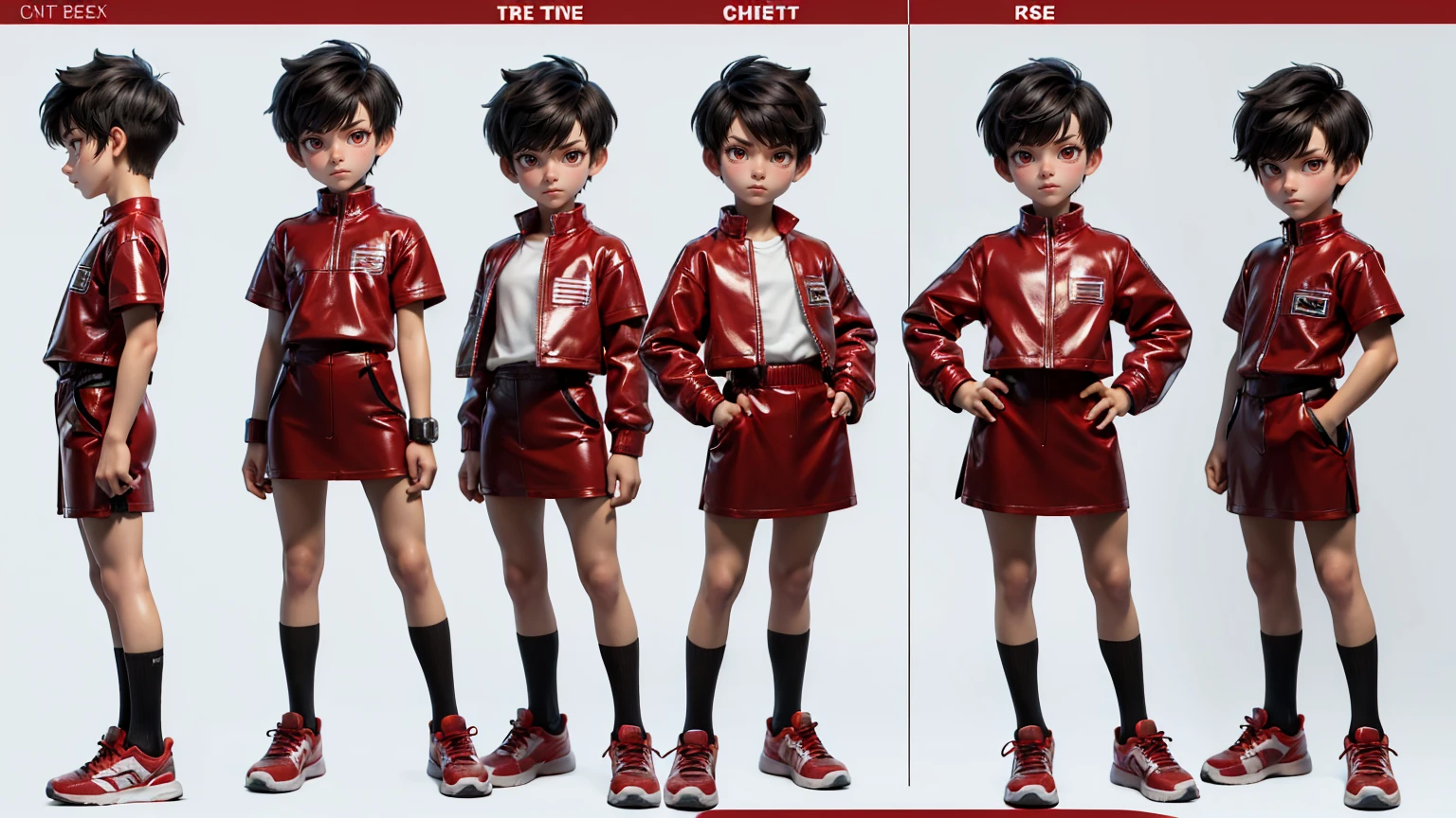 cute face boy, cute face, short height boy, wearing casual futuristic red color pent, red dress, full standing pose, Butch Cut hairs, Butch Cut style hair, black hairs, sports shoes, Character Sheet, 12 yo student, Full body, Simple white background, front pose character reference sheet, Concept art, design sheet