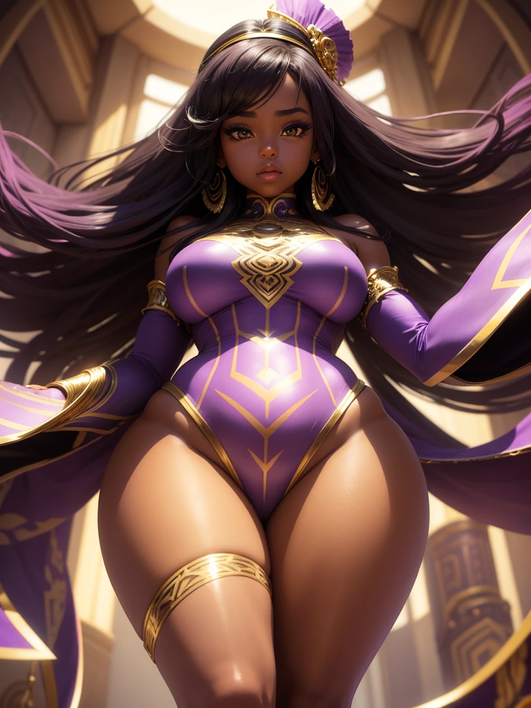 African-American Female,  beautiful, Princess, purple and gold bodysuit, long hair, voluptuous, thick thighs, small waist, big butt hourglass figure,  perspective from below, light black skin tone. 