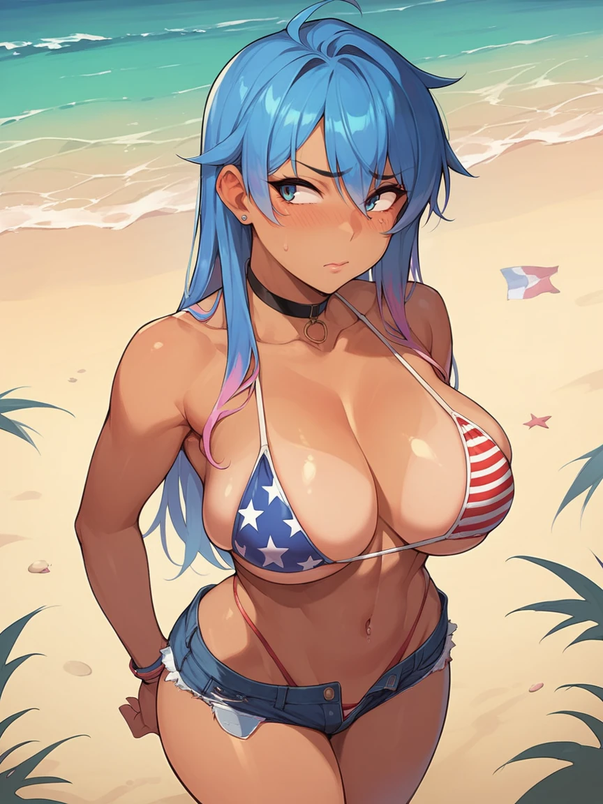 score_9, score_8_up, score_7_up, 1girl, solo, outdoors, beach, (micro bikini), flag microkini, american flag microkini, American flag, tomboy, shy, blush, gyaru, standing, choker, looking to the side, big breasts, wide hips, medium long hair,