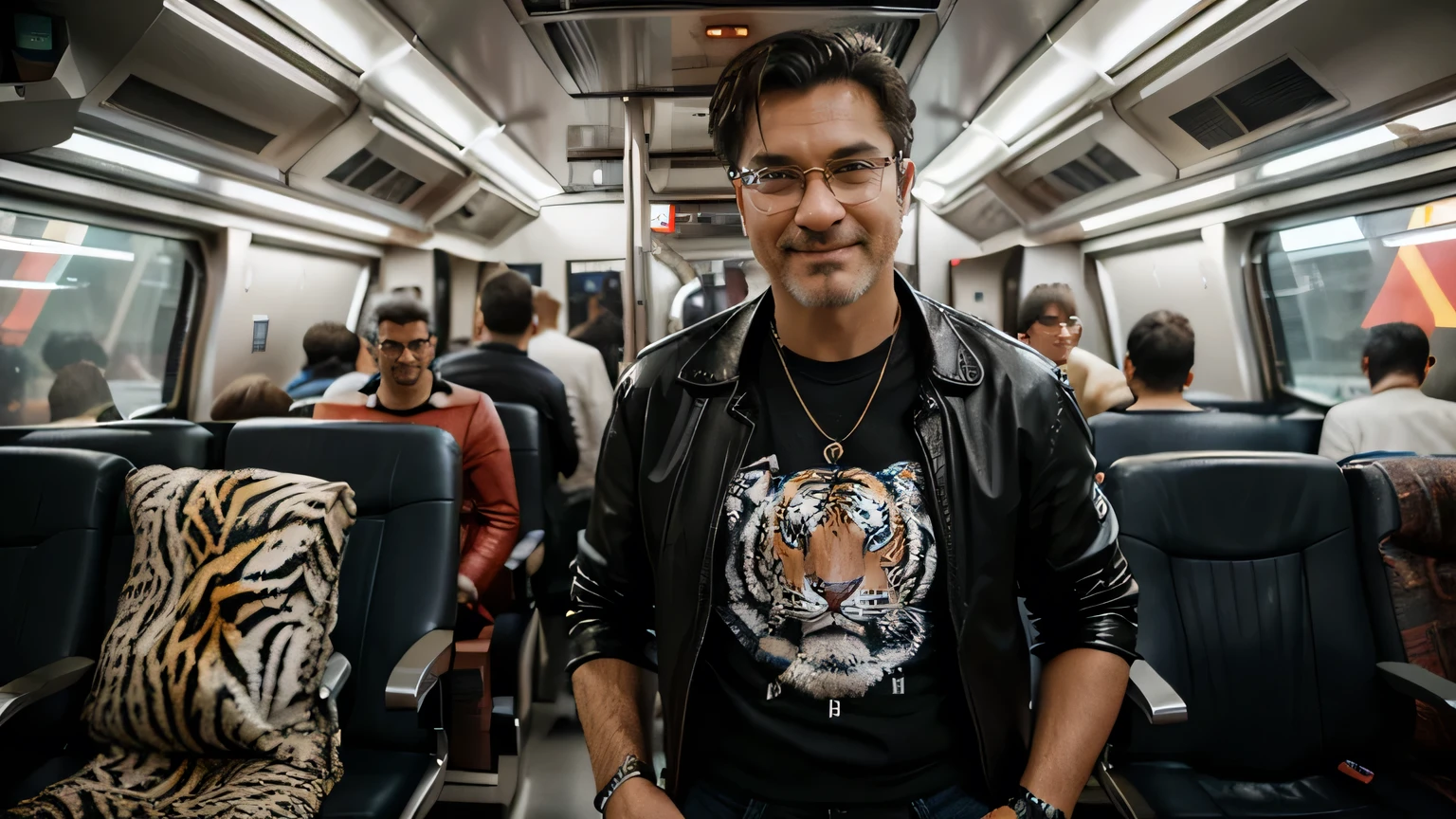 Hyper-realistic, cinematic quality futuristic train footage. Cyberpunk atmosphere. Hyper-futuristic and colorful lighting. A mix of antique and hyper-futuristic inside the train. Seats crowded with passengers; one handsome 48-year-old man stands. He wears glasses, (T-shirt with realistic tiger face printed on it), (outer leather jacket), white tiger print jean pants. He smiles slowly and warmly at the camera, his expression friendly and inviting.